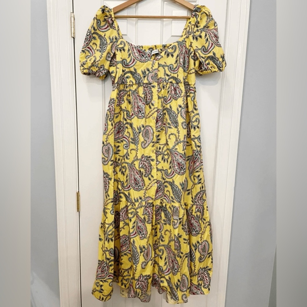 Zara Yellow Paisley Puff Sleeve Midi Dress | Size M | Has Pockets!! - Picture 7 of 12